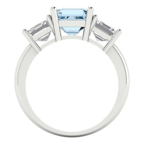 4Ct Emerald Cut Natural Sky Blue Topaz 3 Stone Engagement Ring, 14K White Gold - Picture 4 of 11