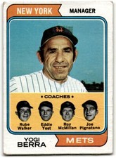 1974 Topps New York Manager Yogi Berra/Joe Pignatano/Rube Walker/Eddie Yost/Roy