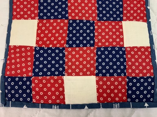 Vintage Patchwork Quilt Table Topper, 25 Patch, Navy & Red Polka Dots, Cotton - Picture 8 of 11