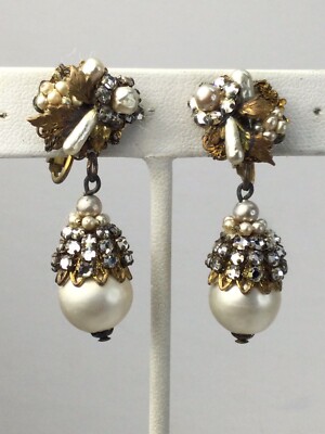GREAT MARIAN HASKELL EARRINGS  2 SECTIONS LARGE PEARL DROP & STONES 1940s (C1433
