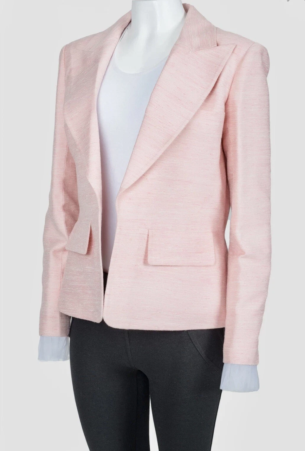 Blazer Favoloso Autentico Chanel Cuba Runway Rosa Seta Logo Bottoni Taglia 44