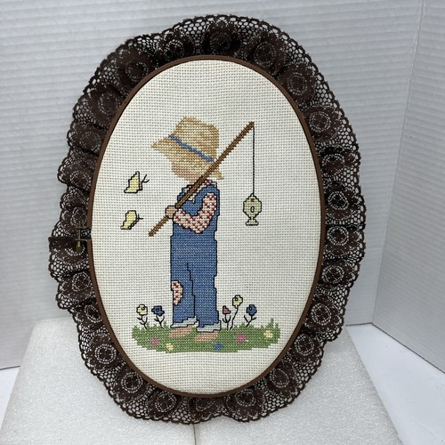 "Vintage Completo Cucitura Croce Ragazzo Andato Pesca Ovale 12x8,5" - Foto 4 di 5