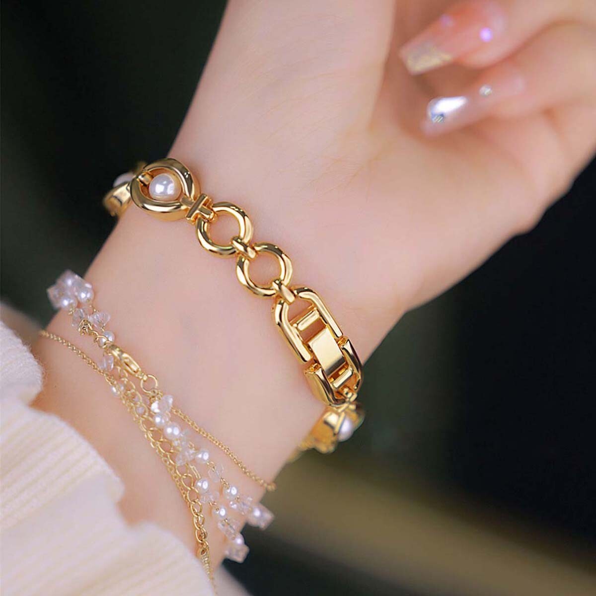 Gold Pearl Accent Watch Bracelet with belt pretty bundle vintage Hanover Swiss Antimagnetic Ladies Pearl Bracelet Watch C  main image 4