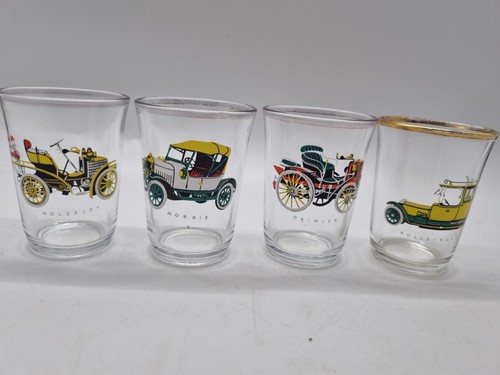 4 Retro Shot Glasses. Vintage Classic Car DAIMLER,WOLSELEY, ROLLS ROYCE, MORRIS