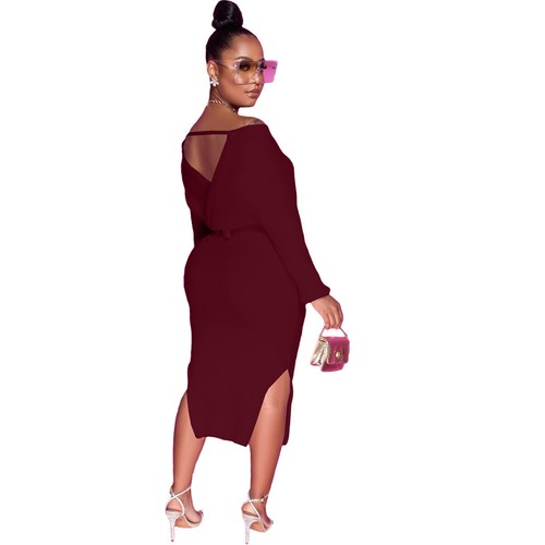 Stylish New Women Long Sleeves V Neck Bandage Slit Patchwork Solid Club Dress - Bild 10 von 14