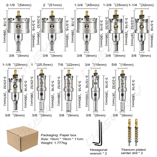 Kit de sierra de agujero de carburo de 12 piezas 5/8"- 2-1/8" TCT juego de 2 brocas - Imagen 2 de 12