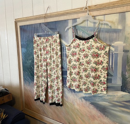 NWT Moon Nite Cream/Pink Floral W/Black Lace Accent Sleeveless Pajamas Pick Sz - Picture 6 of 12