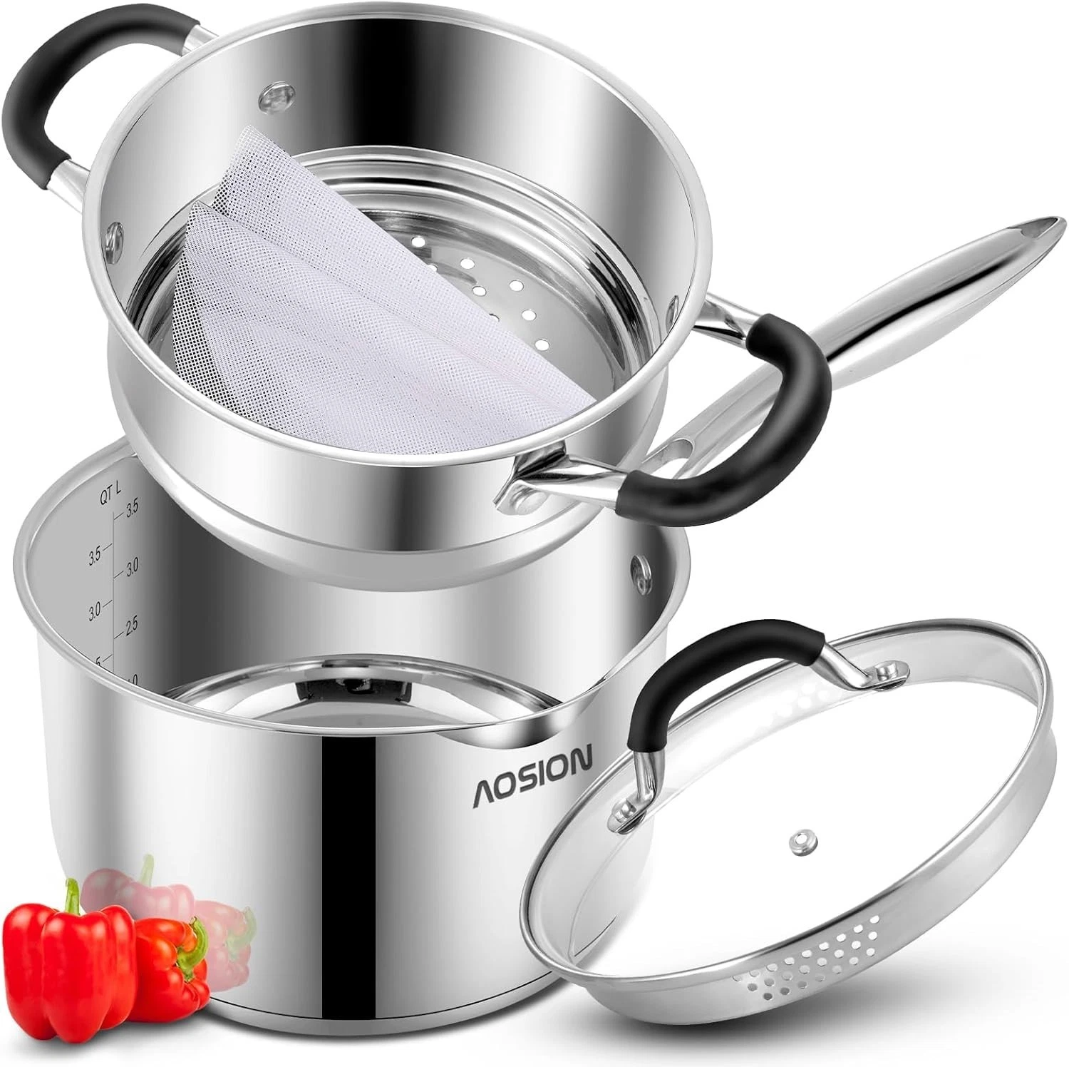3.5Quart Stainless Steel Saucepan with Steamer Basket,Small Pots for Cooking
