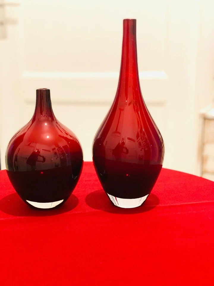 2 Ikea Red Hand Blown "Salong" Art Glass Vases Set Johanna Jelinek