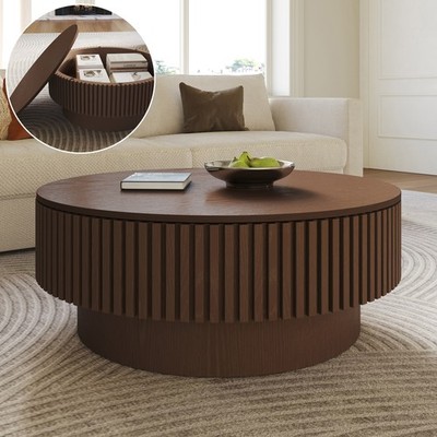 Round Coffee Table Retro Openable Tabletop with Storage Space for Living Room US