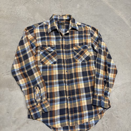 Vintage 70s JC Penney Shirt Adult Medium Brown Burnt Orange / Blue Plaid Pockets - Picture 2 of 11