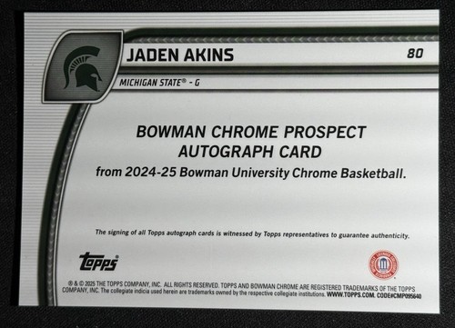 2024-25 Bowman Chrome U Jaden Akins True Green Auto /99 Michigan State Spartan - 第 3/3 張圖片