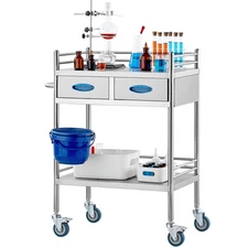 Uimoso Medical Dental Lab Serving Cart Trolley 2-Drawer Portable Stainless Steel