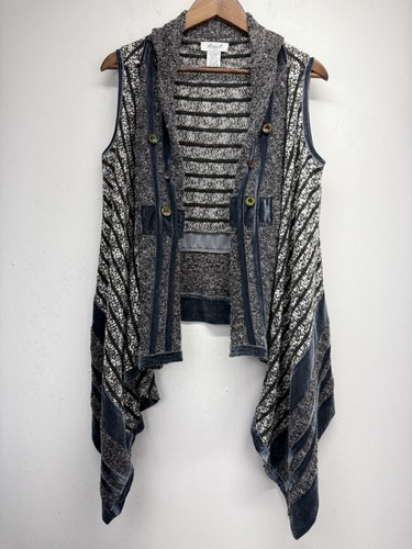 Anes. Drapierter Strick-Cardigan Weste Damen schwarz grau Samtbesatz Größe Large - Bild 1 von 7