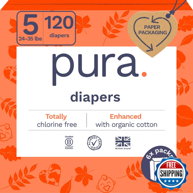 Pura Size 5 Eco-Friendly Diapers 24-35 Lbs Totally Chlorine Tcf Hypoallergenic
