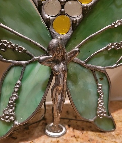 Vintage Green Stained Glass Butterfly Fairy Night Light NEEDS REPAIR Arr Deco - Picture 3 of 8
