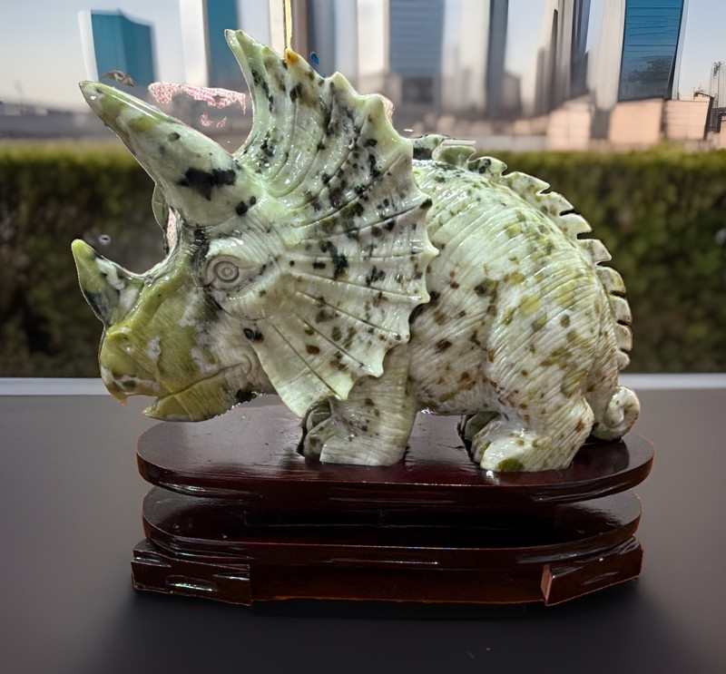 Stone Triceratops Dinosaur Figurine Sculpture w/ Wood Display Base