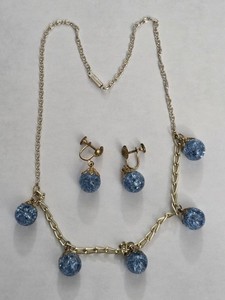 Vintage Blue Crackle Drop Ball Necklace And Screwback Earrings Set