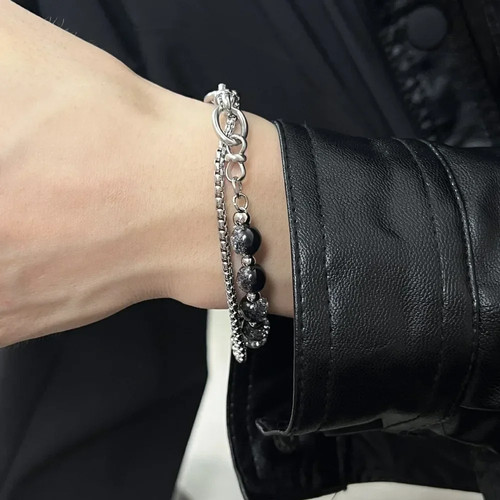 2025 Retro Black Cracking Beads Bracelet for Men Women Stainless Steel Double - Picture 10 of 17