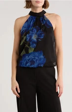 NEW Alice + Olivia Maris Black Floral Georgette Gathered Halter Top S NWT $330