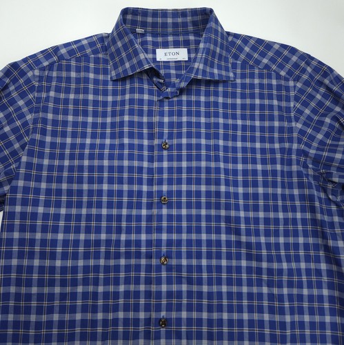 ETON Spread Collar Blue Plaid Check Contemporary Fit Dress Shirt 42 16.5 - Picture 1 of 6