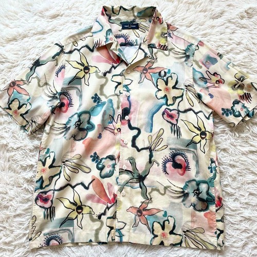 FRED PERRY Floral Open Collar Shirt Stretch Logo Button Multicolor Men's Size L - Picture 3 of 10