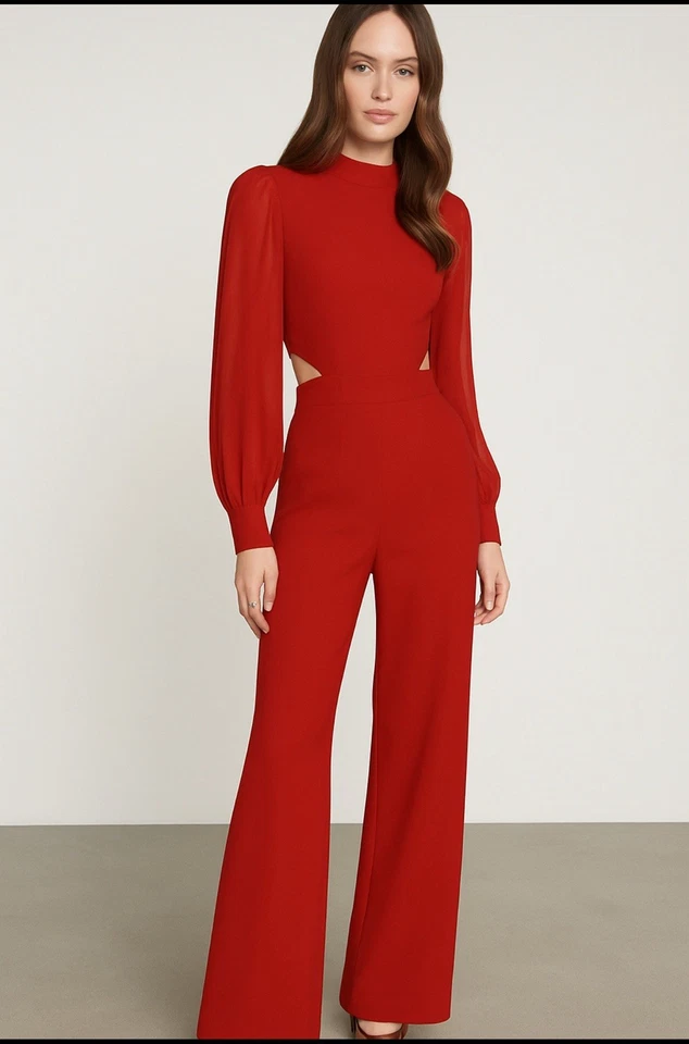 Mono BCBGMAXazria Mixto-Media Recorte Cuello Simulado Manga Transparente Pierna Ancha, Talla 6 Foto 2 de 3