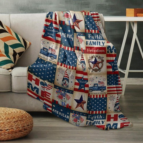 Patriotic Gnome Blanket USA Flag Throw Blankets Retro Plaid Soft Flannel Flee... - Picture 8 of 9