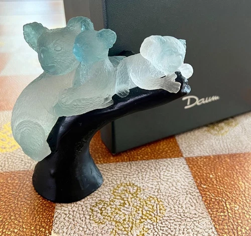 DAUM SIGNED MATERNITY KOALA BLACK/BLUE PATE-DE-VERRE GLASS FIGURINE PAPERWEIGHT