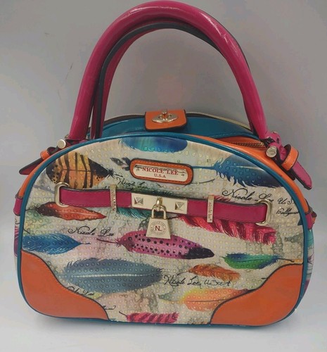 Nicole Lee USA FEATHER Graphic Print Fashion Pop Art HandBag Nice! - Picture 4 of 13