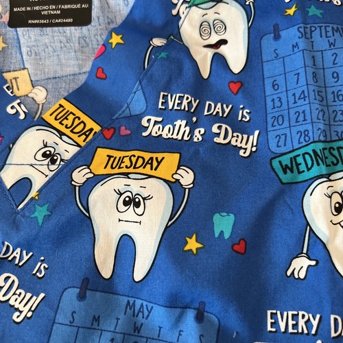 Dickies Medical Every Day Is Tooth's Day Dental V Neck Short Sleeve Scrub Top XS - Picture 3 of 8