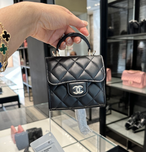 CHANEL Micro Black Quilted with Top Handle Mini Bag in Light Gold New - Picture 1 of 14