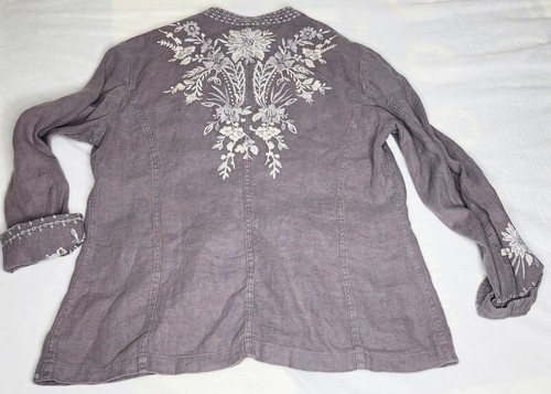 Johnny Was Workshop Oleander Linen Jacket Grey Safari Embroidered Women Medium - Picture 2 of 8