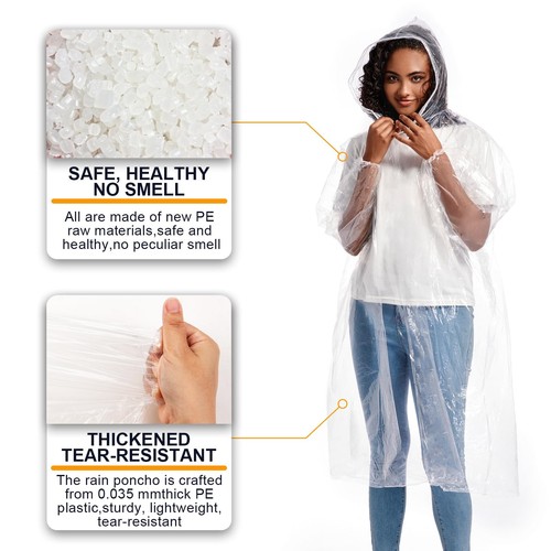 ALBRY Disposable Rain Ponchos for Adults with Drawstring Hood - Emergency Rai... - Picture 3 of 7
