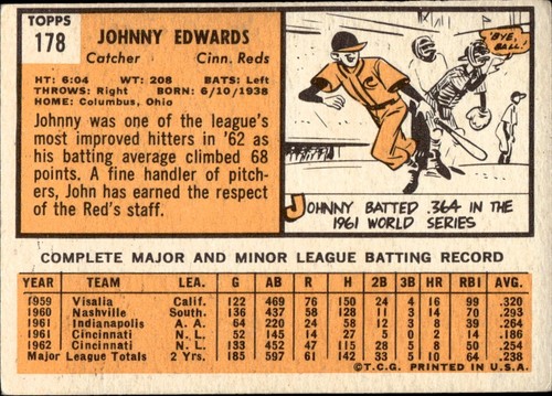 Johnny Edwards 1963 Topps #178 Cincinnati Reds - Bild 2 von 2