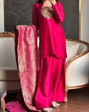 Beautiful Malay Satin Silk Pink Salwar Kameez With Dupatta For Indian Party