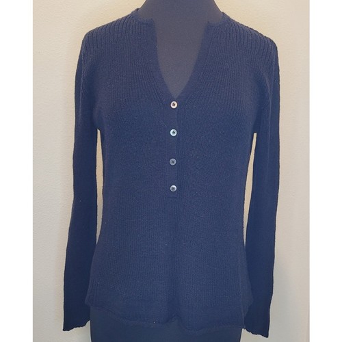 Eileen Fisher Pullover tiefer V-Ausschnitt Merinowolle - dunkelblau - halbe Knopfleiste - M - Bild 1 von 9