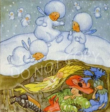 Antique Rare Ida Bohatta Winter: Snowdrop Fairies Watching GREETING Card 6940*