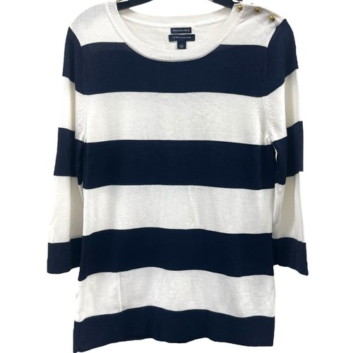 Tommy Hilfiger Women's L Blue/White Striped Scoop Neck Sweater 3/4 Sleeves - Picture 1 of 5