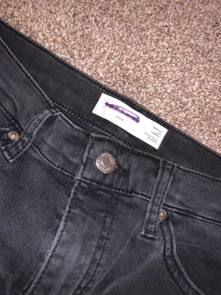 Topshop Washed Black Flap Ripped Knee Jamie Jeans W28 L32 UK