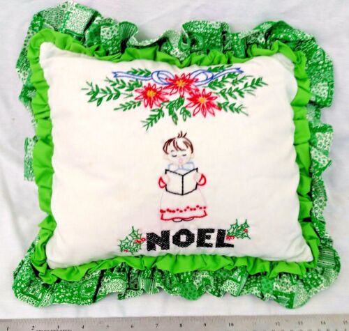 Cuscino natalizio vintage Noel Caroler ricamato a mano 10" x 12" con volant - Foto 4 di 5