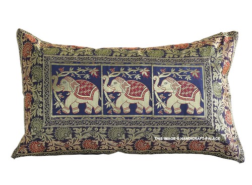 Indian Pillow Cover Elephant Brocade Silk Dark Blue Cushion Pillowcase Throw 20" - Picture 2 of 6