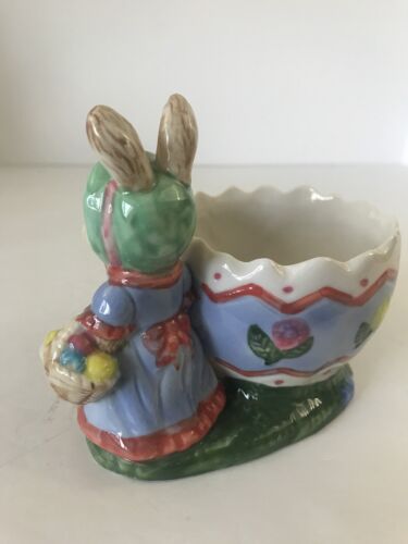 Plato baratija caramelo plantadora de huevos agrietados pintado conejo de Pascua de colección - Imagen 3 de 8