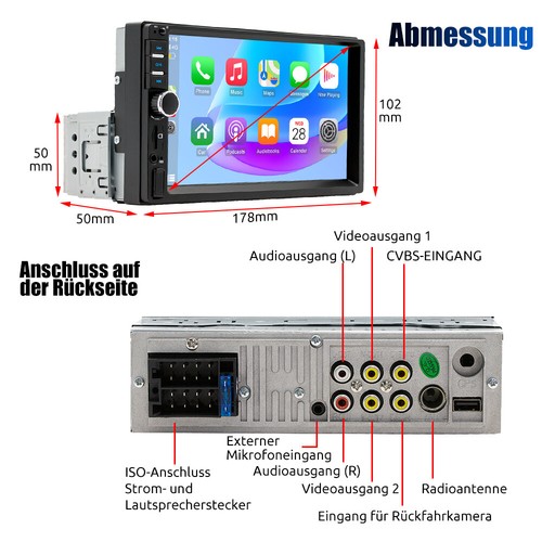 AUTORADIO 1 DIN 7 POLLICI STEREO AUTO Apple Carpaly AUX USB BLUETOOTH RADIO +KAM - Foto 13 di 14