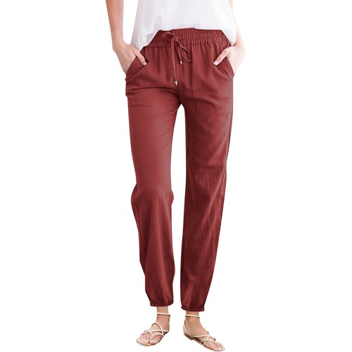 Women Cotton Linen Bottoms Trousers Ladies Solid Casual Elastic Waist Pants UK - Picture 38 of 42