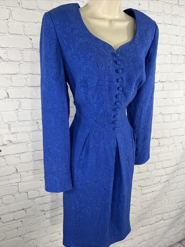 Vintage Maggy London 100% Silk Pleated Midi Dress Blue Floral Fit & Flare Size 8 - Picture 2 of 12