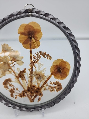 Schöne getrocknete gepresste Blumen im runden Glas- & Zinnrahmen - Bild 3 von 5