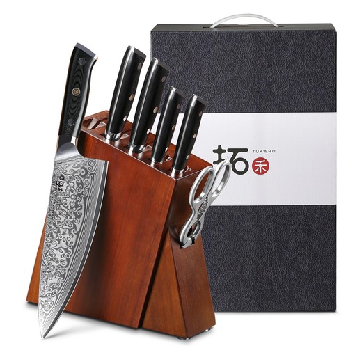 TURWHO Kitchen Knife Scissors Set VG10 Damascus Steel Chef Knives Block