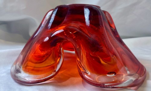 Red Flower Art Glass Bowl Korea Cased Glass Vintage - Picture 8 of 13
