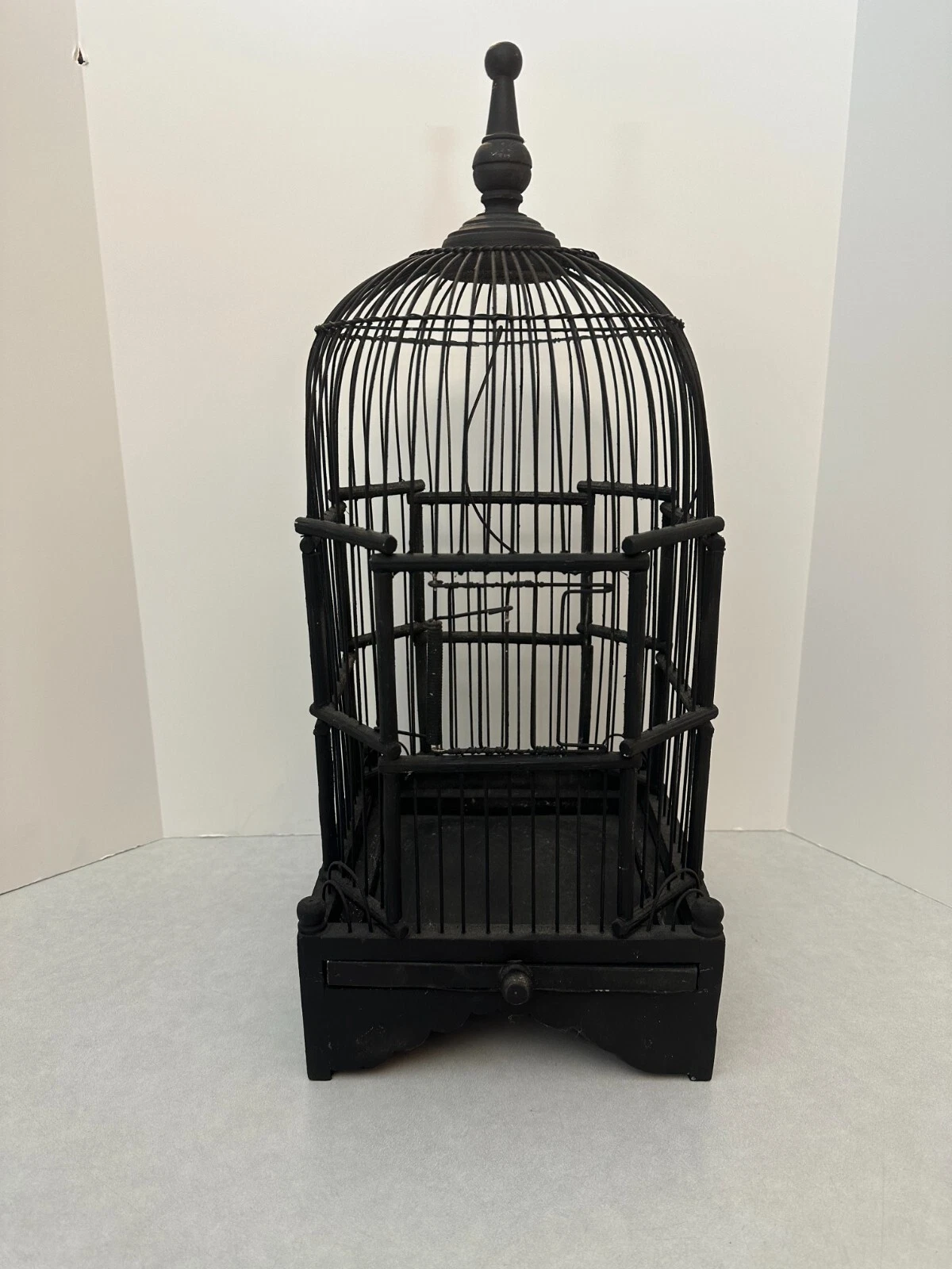 Vintage Wood and Metal Bird Cage - Round Cage 20” X 9” - Painted Black